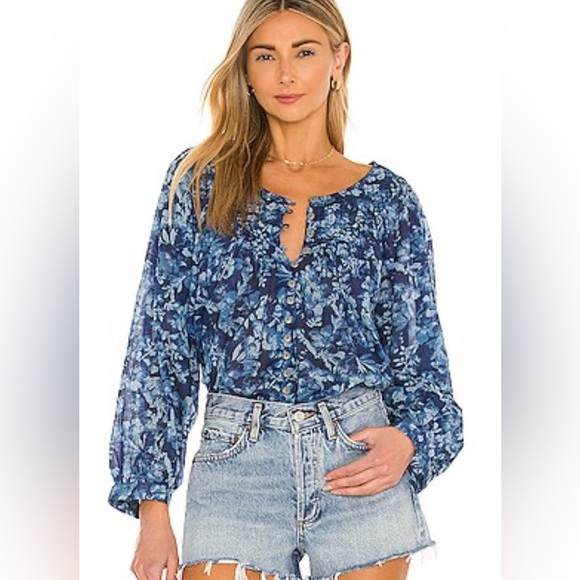 Free People Cool Meadow Printed Top in Denim Combo. Size L. - Picture 2 of 8